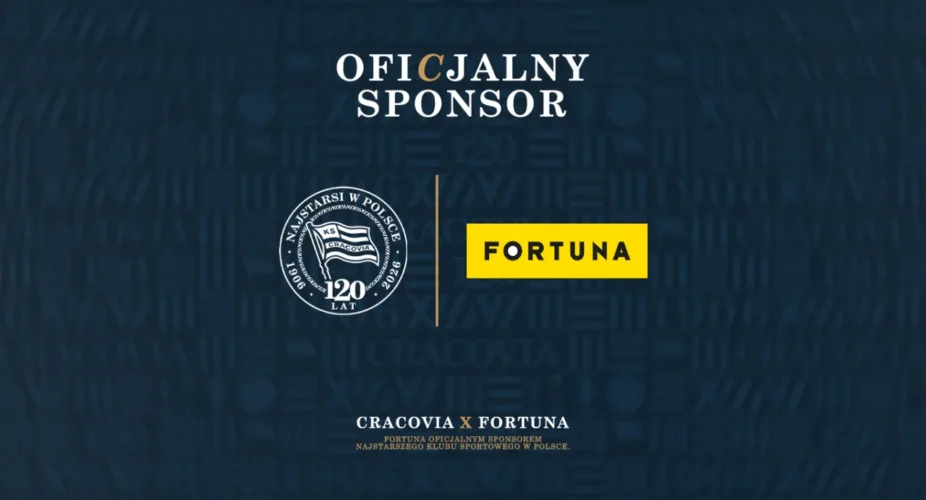 Herb Cracovii i logo Fortuny na grafice ogłaszającej oficjalnego sponsora klubu