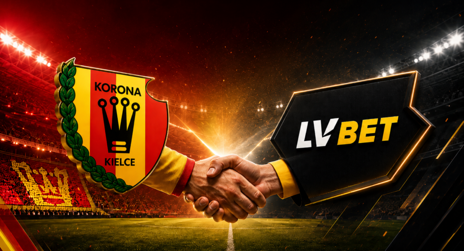 Herb Korony Kielce i logo LV BET symbolizujące umowę sponsorską do 2028 roku