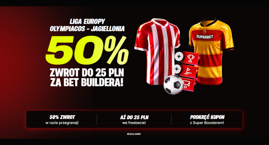 Promocja Superbet na mecz Olympiacos – Jagiellonia: zwrot 50% stawki do 25 PLN